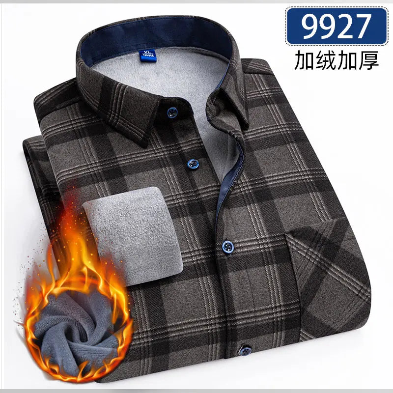 New 5XL men's shirt autumn and winter plus fleece thickened warm long sleeve non-ironing plaid business casual slim-fit fashion