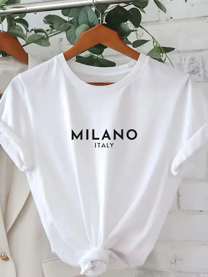 Fashion T Shirt Milano Letter Print T-shirt Casual Crew Neck Short Sleeve Top Tee Spring Summer Women's Clothing