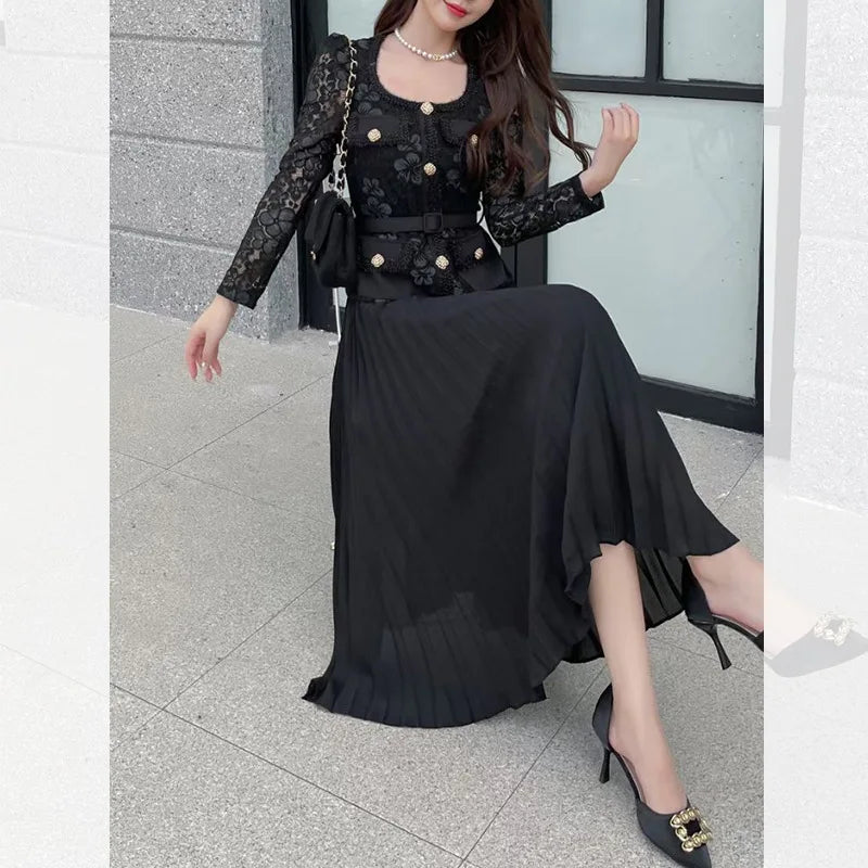 Runway Designer Summer Flower Embroidery Lace Chiffon Prom Dress Women Short Sleeve Single Breasted Midi Long Vestidos Party