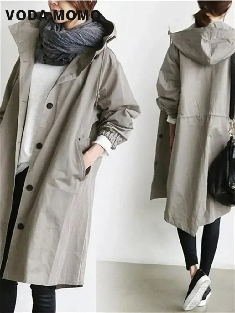 2025 Spring Autumn Casual Korean Fashion Hooded Medium Long Overcoat Loose Windproof Coat Women Trench Coat Solid Color Pocket