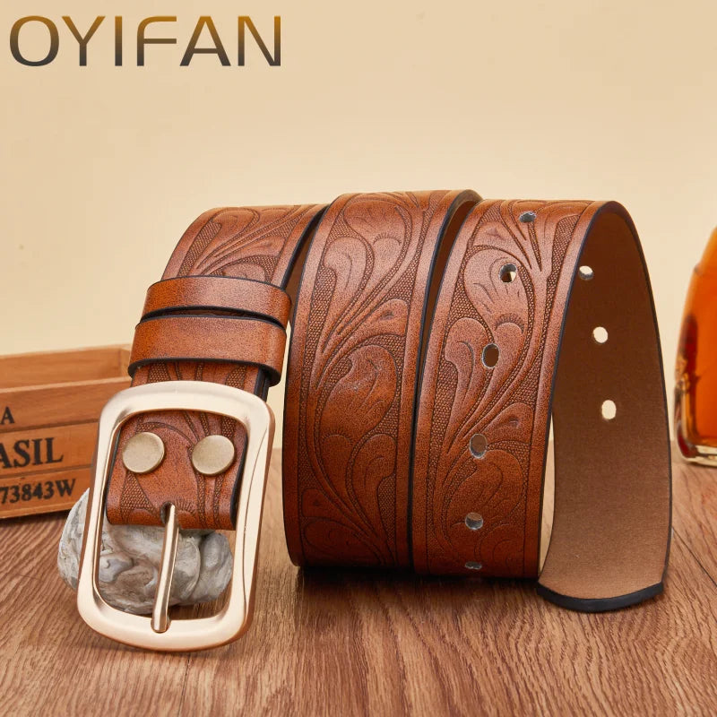 Western Cowboy PU Leather Belt - Men Waist Strap Bull Decoration Floral Engraved for Jeans