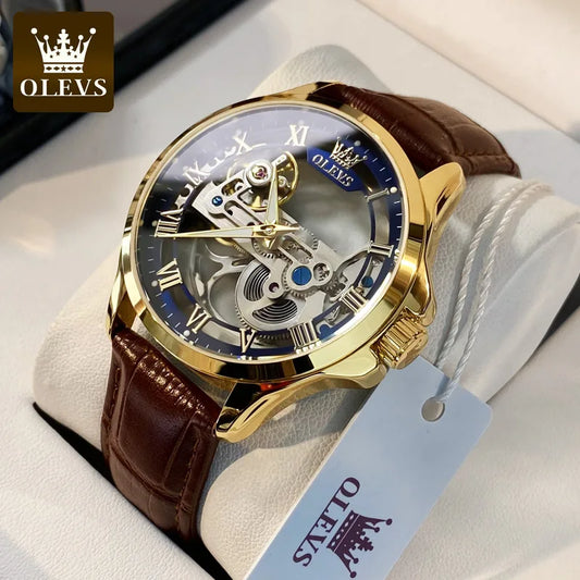 OLEVS Men's Watches Automatic Mechanical Watches Waterproof Leather Strap Top Luxury Men Wristwatch Luminous Gift Box Watch Men