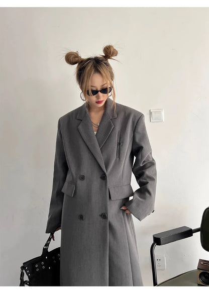 Lautaro Spring Autumn Long Grey Black Trench Coat for Women Double Breasted Loose Casual Korean Fashion Clothing Blazer 2025