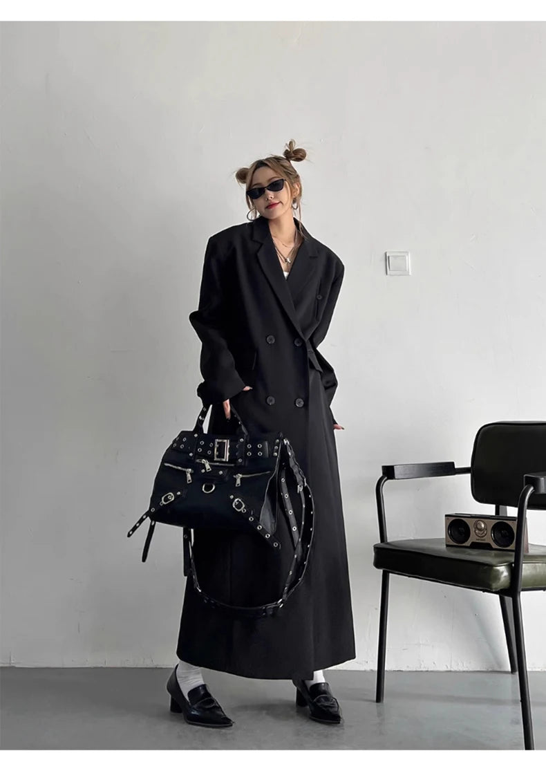 Lautaro Spring Autumn Long Grey Black Trench Coat for Women Double Breasted Loose Casual Korean Fashion Clothing Blazer 2025