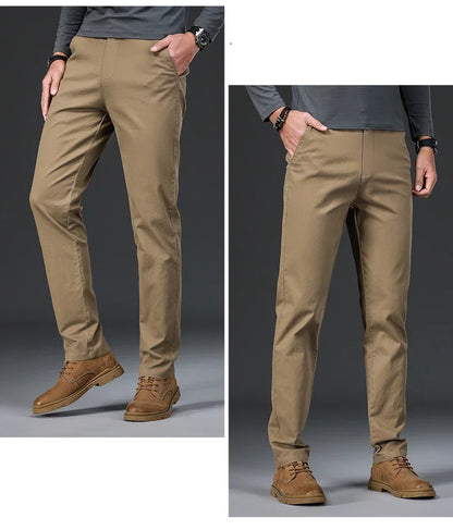 97% Cotton Men's Casual Pants Autumn Fashion Comfortable Elastic Slim Straight Business Trousers Black ArmyGreen Khaki