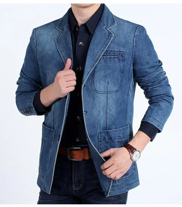 Men's Denim Blazer ,Male Jean Suit Jacket Coat,Three Buttons Denim Outwear ,Size M-4XL