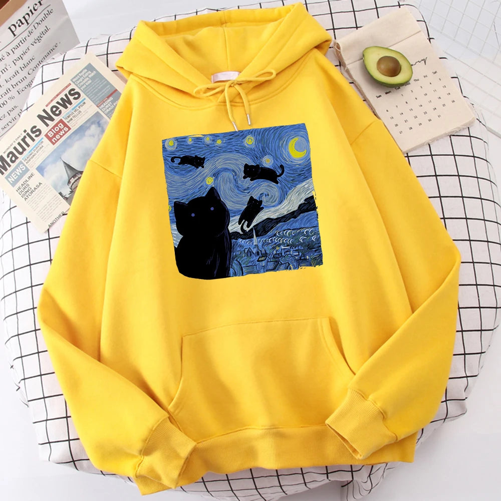 The Starry Cat Night Printing Hoodies Men Autumn Oversize Hoodie Fashion Fleece Sweatshirts Casual S-Xxl Pullover Tops