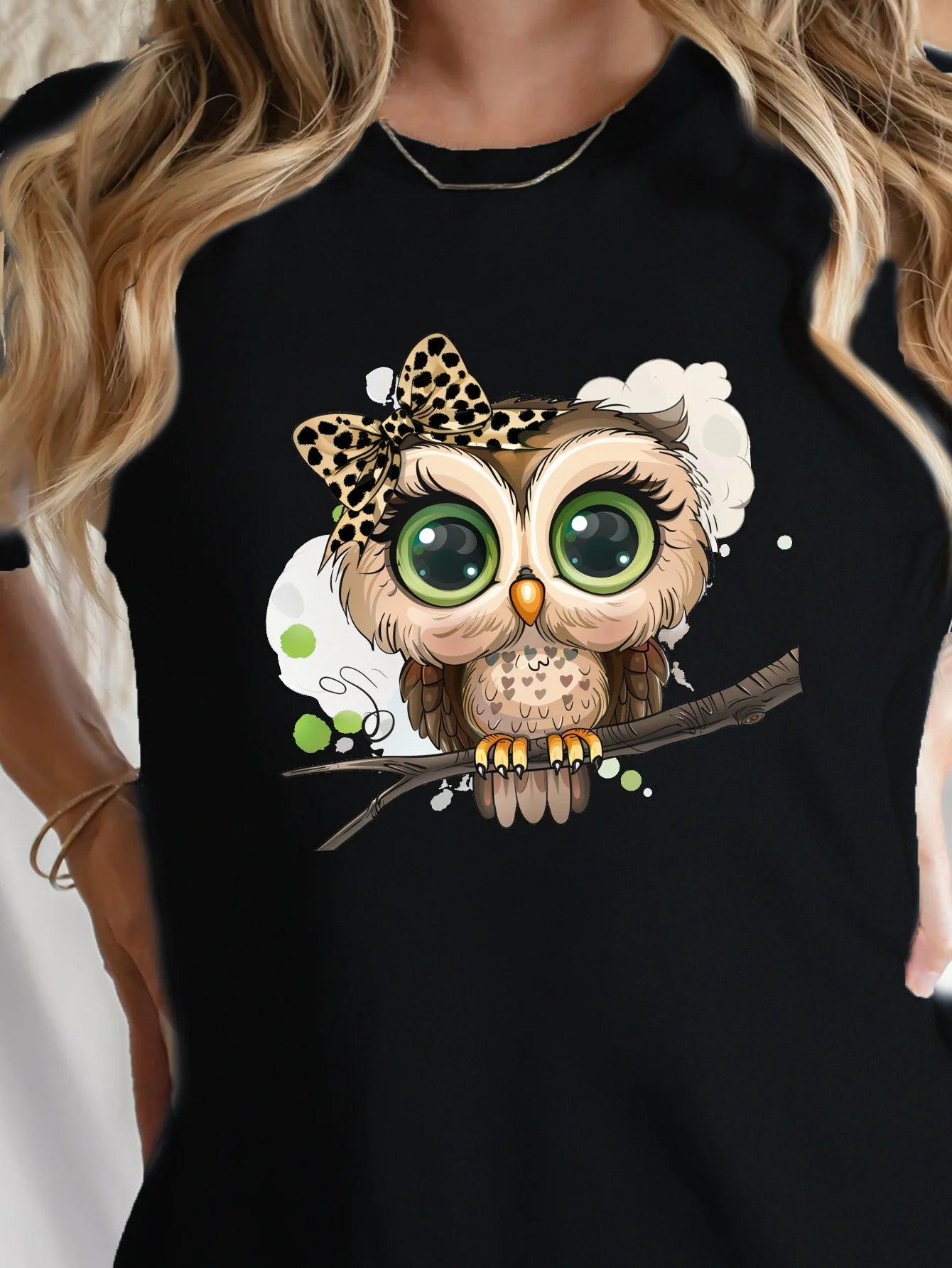 Cartoon Owl Print Crew Neck T-shirt Casual Short Sleeve Top for Spring & Summer Women's Clothing