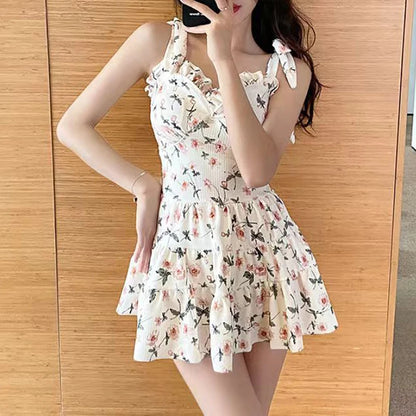 Women Sexy Halter Bandage Floral Print Double Layer Ruffle Mini Skirt One Piece Swimsuits Summer Push Up Beach Bathing Swimwear