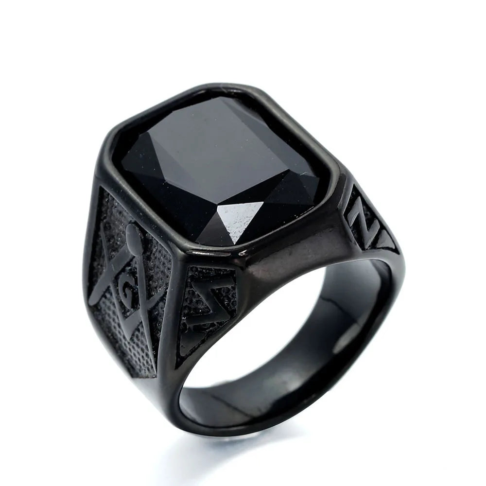 HNSP 316L Stainless Steel Black Stone Crystal Freemas Ring For Men Male Finger Jewelry Accessories Vintage Style 2025 New