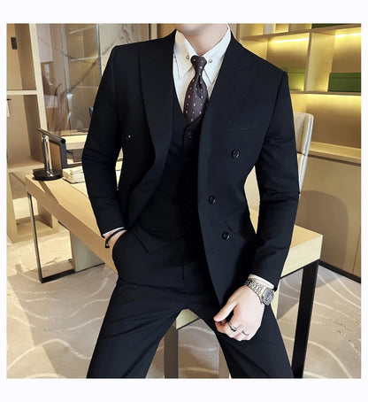 British Style Double Breasted Design Men's Suit Formal Business Slim Fit Casual Suits Sets Men Wedding Party Tuxedo 3 Pieces Set