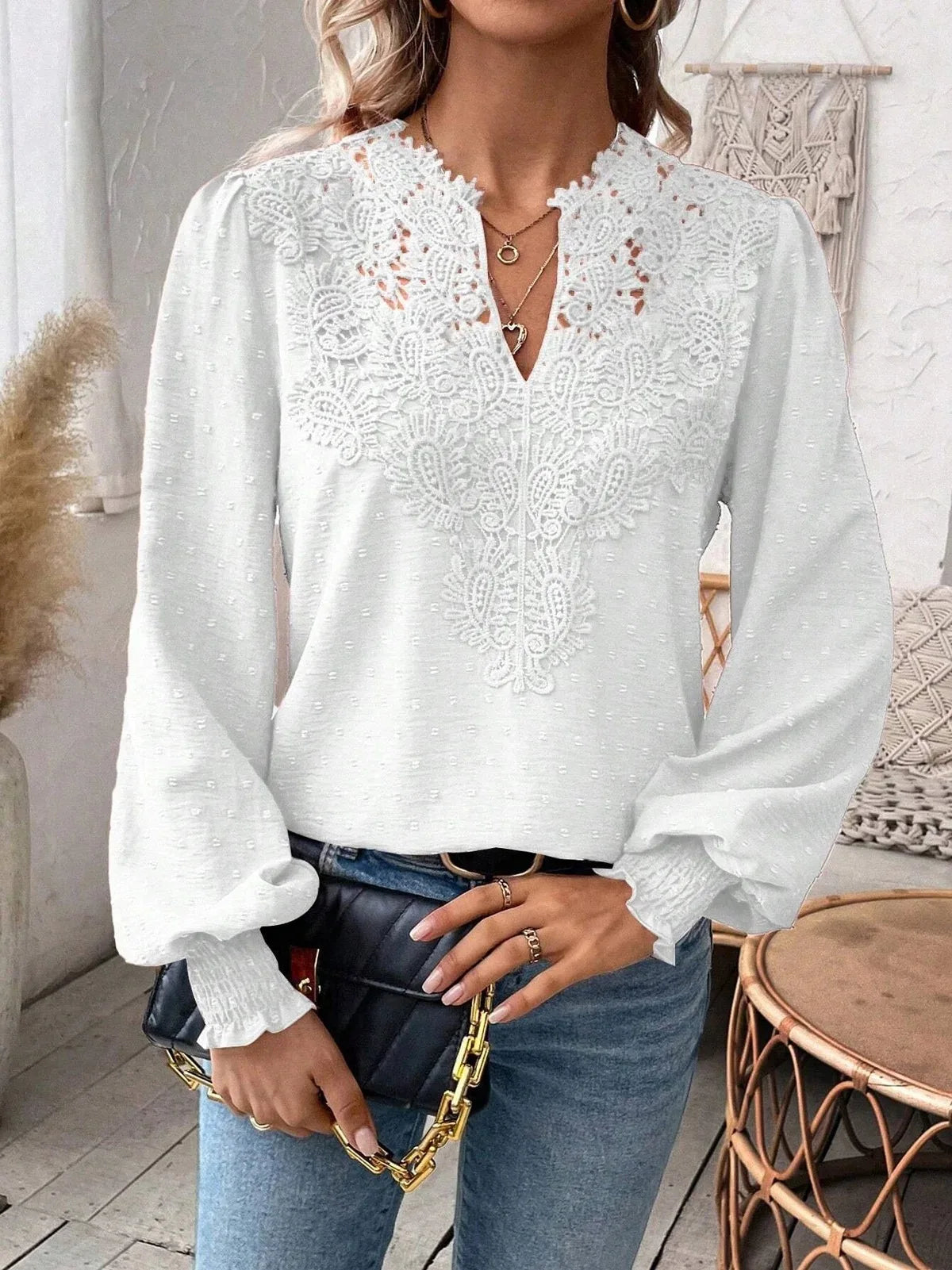 Luxury Lace Hollowed V-Neck Shirt Women Solid Color Long Sleeve Top Office Lady Elegant Daily Blouse