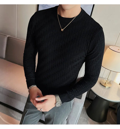 2025 Stretchable Jacquard Woven Winter Crew Neck Sweater Men's Slim Fit Pullover Knitwear Blue, Fashionable Check Pattern