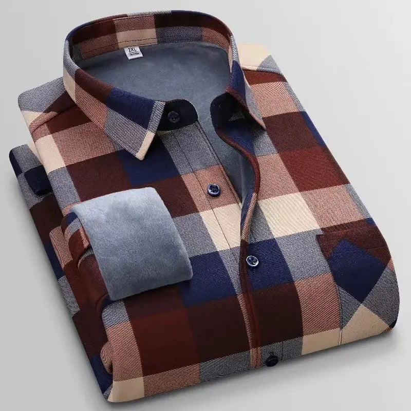 New 5XL men's shirt autumn and winter plus fleece thickened warm long sleeve non-ironing plaid business casual slim-fit fashion