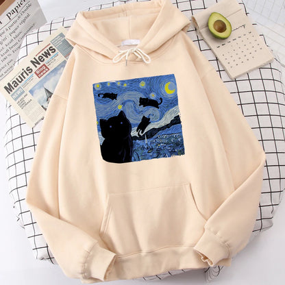 The Starry Cat Night Printing Hoodies Men Autumn Oversize Hoodie Fashion Fleece Sweatshirts Casual S-Xxl Pullover Tops