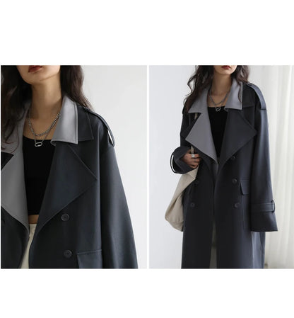 CHIC VEN Women Trench Coat Solid Loose Contrast Double Collar Double Breasted Long Women's Windbreaker Office Lady Spring Autumn