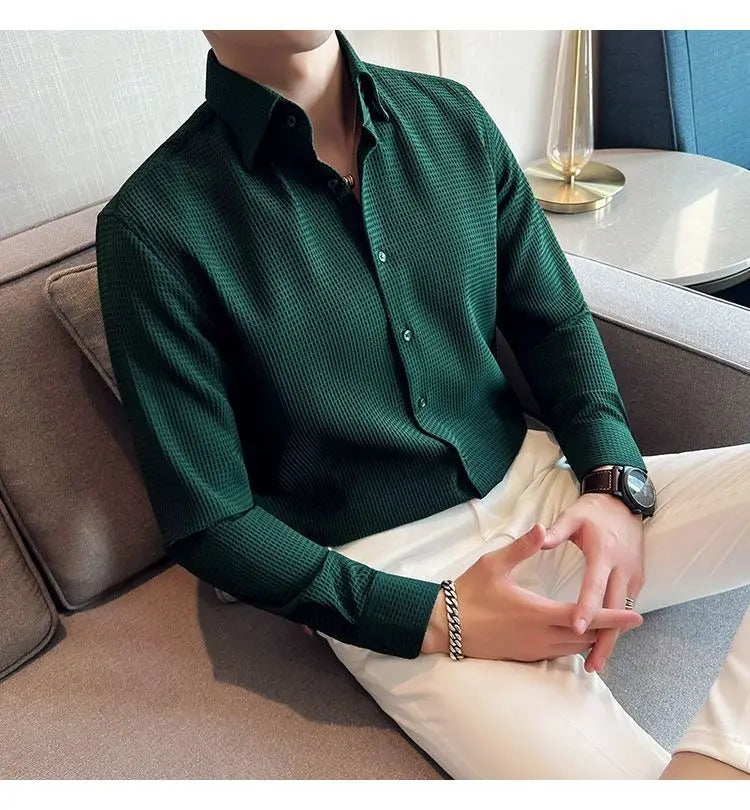 Waffle Spring Autumn Men's Shirt Casual and Slim Long Sleeve Solid Polo Neck Shirt Non Iron Wrinkle Resistant Business Tops