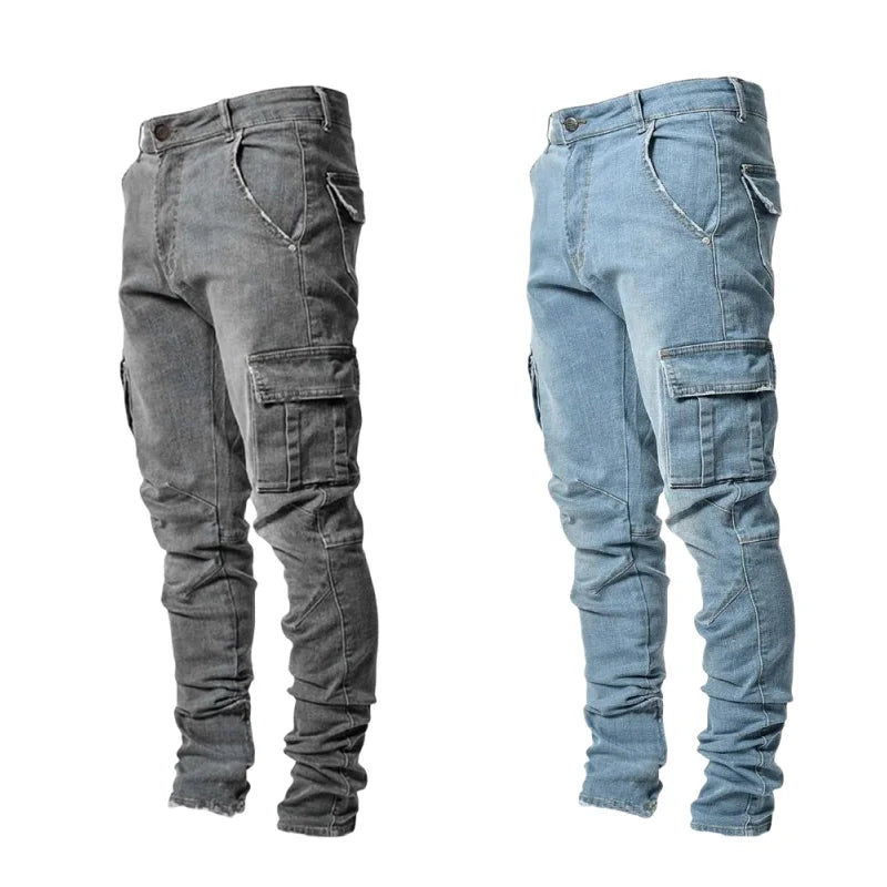 Men Casual Denim Pants Elastic Skinny Jeans Multi-Pocket Trousers Slim Fit Black Jeans Soild Cargo Pants Man Clothes Streetwear