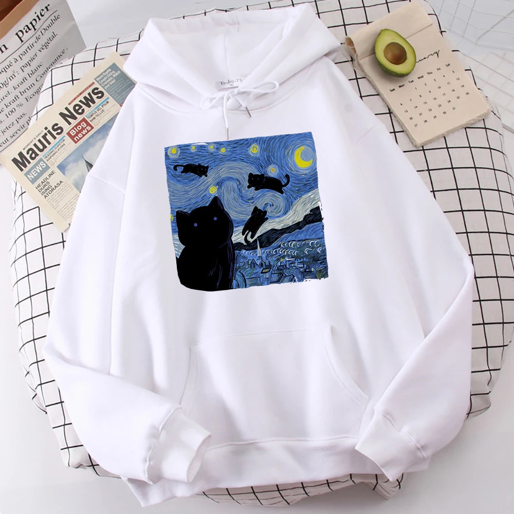 The Starry Cat Night Printing Hoodies Men Autumn Oversize Hoodie Fashion Fleece Sweatshirts Casual S-Xxl Pullover Tops