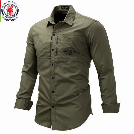 Fredd Marshall 2023 Fashion Military Shirt Long Sleeve Multi-pocket Casual Shirts Brand Clothes Army Green Camisa Masculina 117