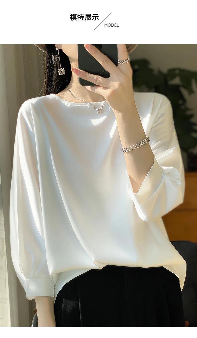 New Acetic Satin Nine-Sleeve T-shirt in Summer Women's Round Neck Loose Large Size Wide Sleeves Outside