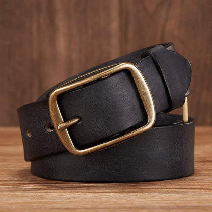 Thick Cowhide Copper Pin Buckle Real Genuine Leather Belt For Jeans Fashion Casual Belt Men Waistband Retro Luxury Male Strap