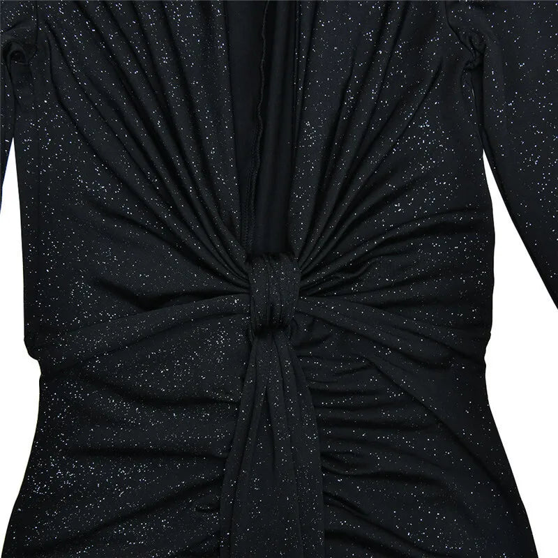 Mozision Glitter Deep V Neck Sexy Maxi Dress For Women Elegant Sparkle Long Sleeve Ruched Bodycon Split Club Party Sexy Dress