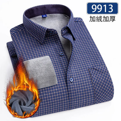 New 5XL men's shirt autumn and winter plus fleece thickened warm long sleeve non-ironing plaid business casual slim-fit fashion