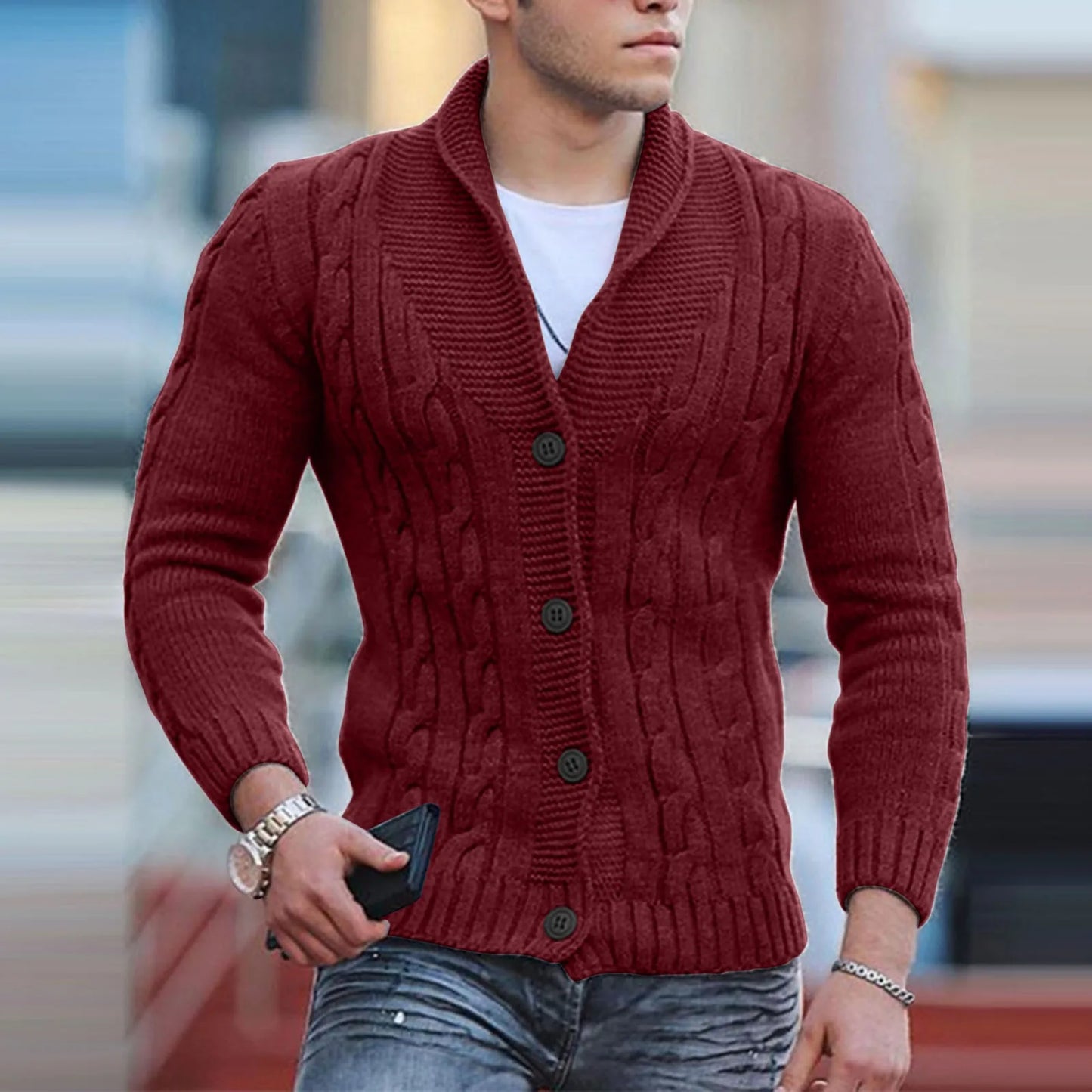 Mens Autumn Fashion Solid Color Knit Cardigan Sweater 2024 New Shawl Collar Loose Fit Long Sleeve Single-breasted Cardigans