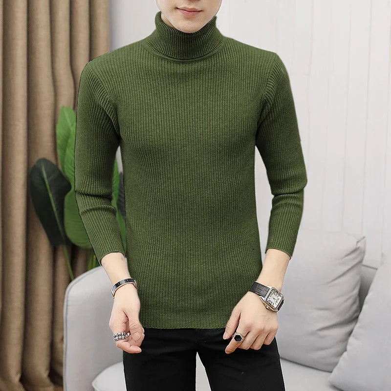 Autumn Winter New Men's Turtleneck Sweater Male Version Casual All-match Long Sleeved Stripes Knitted Sweater Pullover