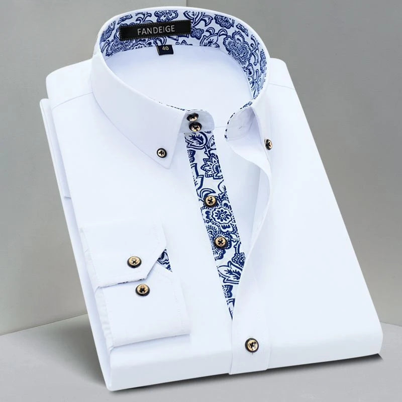 Blue and White Men's Dress Collar Shirt Long Sleeve Solid Color Printing Casual Business Slim Fit Cotton Shirts Anti-Wrinkle