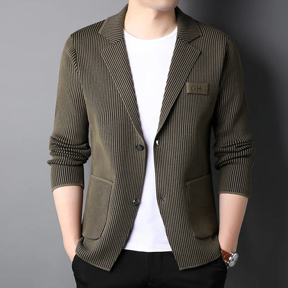 Top Grade New Brand Fashion Slim Fit Blazer Jacket Smart Elegant Stylish Knitted Suit Striped Men Coat Casual Mens Clothes 2025