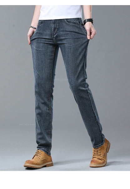 Spring Men's Light Blue Slim Jeans Stylish Casual Stretch Fabric Denim Pants Classic Trousers Smoke Gray