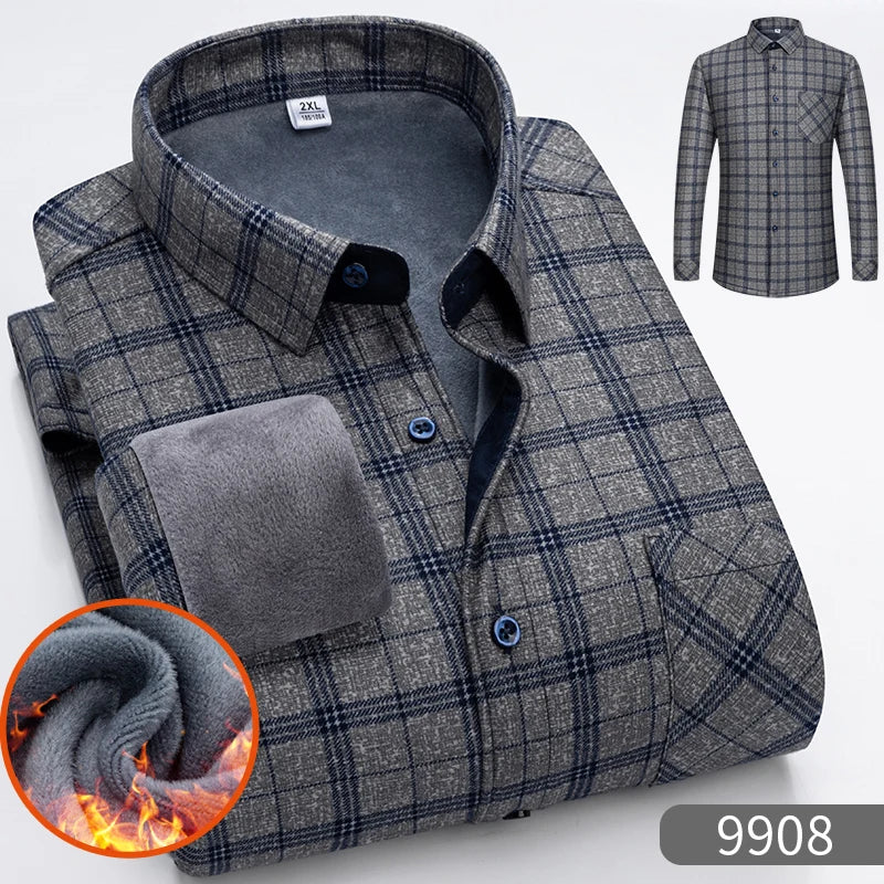 Autumn Winter Thicken Fleece Shirt Men Business Plaid Shirt Long Sleeve Warm Clothes Turn Down Collar Button Up Shirts Classic