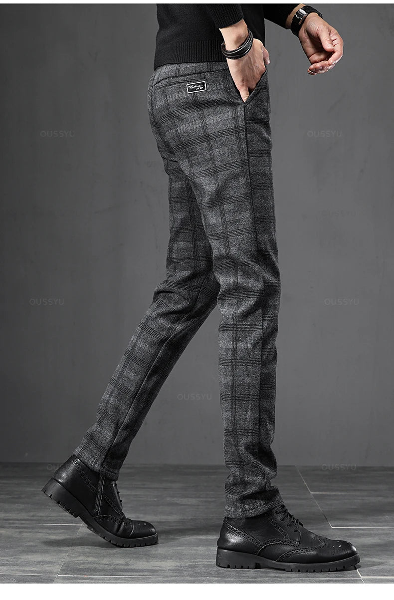 2024 New Spring Autumn England Plaid Work Stretch Pants Men Business Fashion Slim Grey Blue Casual Pant Male Brand Trousers 38