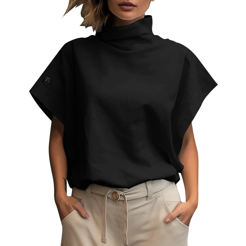 Women Fashion OL Work Shirt 2025 ZANZEA Summer Elegant Turtleneck Short Sleeve Blouse Casual Loose Office Tops Party Blusas