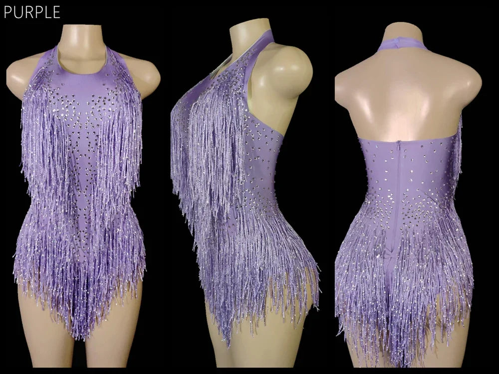 Sparkly Crystals Fringes Bodysuit Sexy Tassel Leotard Jazz Dance Costume One-piece Stage Wear Dancer Performance Show Clothing