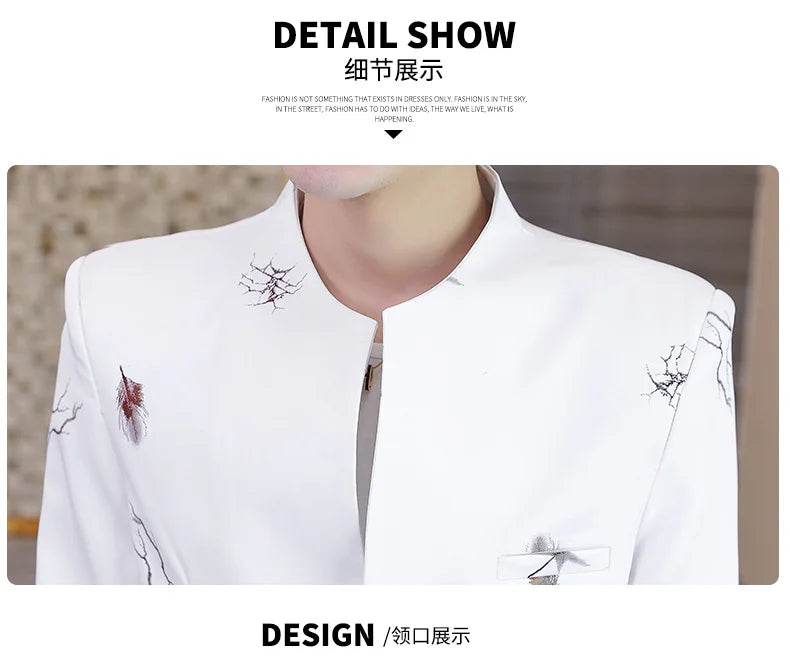 Men's Printed Small Suit Male Korean Version of The Self-cultivation Stand-up Collar Chinese Tunic Casual Suit Thin Jacket Youth