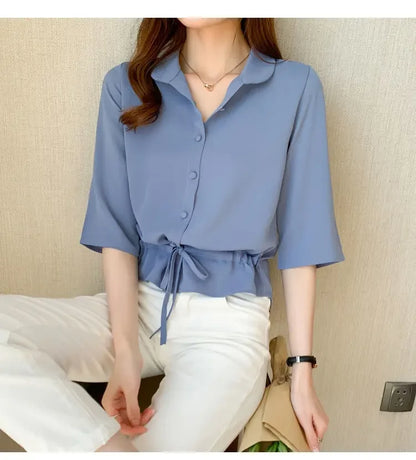 Summer Women All-match Solid Turn-down Collar Half Sleeve Chiffon Shirt Fashion Casual Shirring Single-breasted Blouses Female