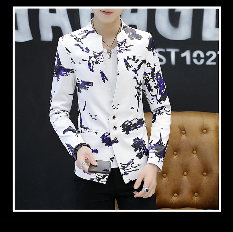 Men's Printed Small Suit Male Korean Version of The Self-cultivation Stand-up Collar Chinese Tunic Casual Suit Thin Jacket Youth