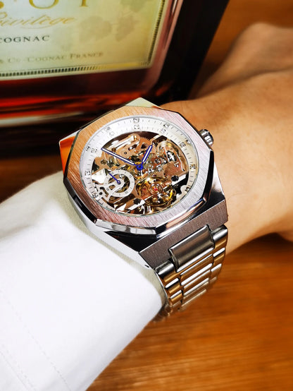 Forsining Silver Automatic Watch Men 3D Diamond Dial Irregular Tourbillon Skeleton Mechanical Wristwatches Luminous Hands Clock