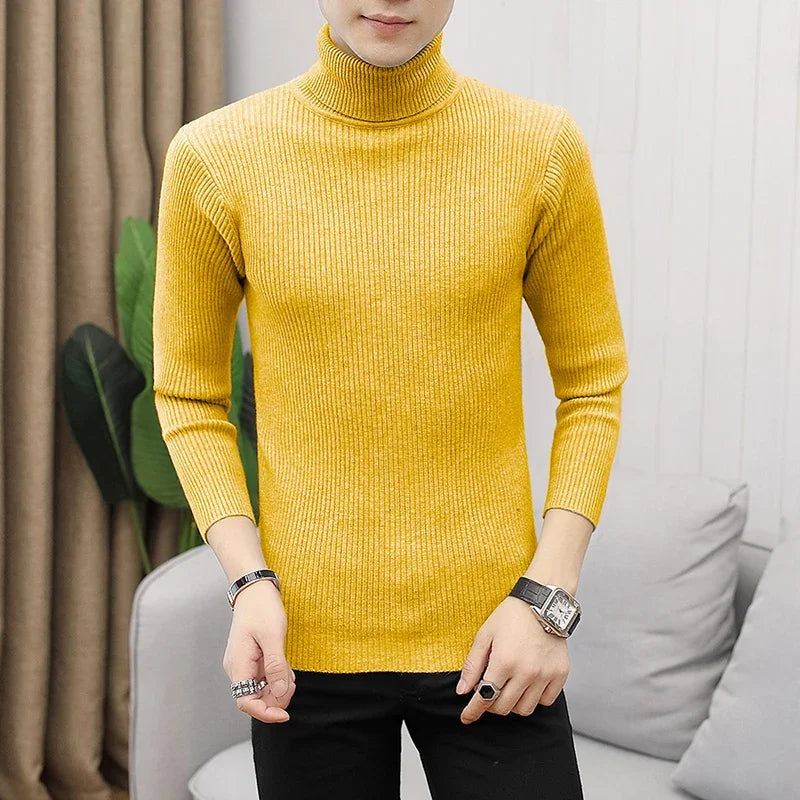 Autumn Winter New Men's Turtleneck Sweater Male Version Casual All-match Long Sleeved Stripes Knitted Sweater Pullover