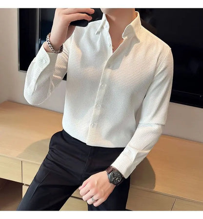 Waffle Spring Autumn Men's Shirt Casual and Slim Long Sleeve Solid Polo Neck Shirt Non Iron Wrinkle Resistant Business Tops