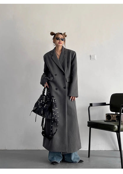 Lautaro Spring Autumn Long Grey Black Trench Coat for Women Double Breasted Loose Casual Korean Fashion Clothing Blazer 2025