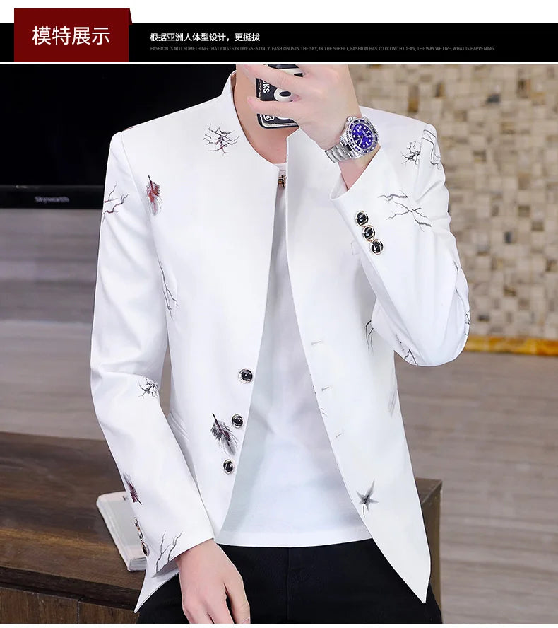 Men's Printed Small Suit Male Korean Version of The Self-cultivation Stand-up Collar Chinese Tunic Casual Suit Thin Jacket Youth