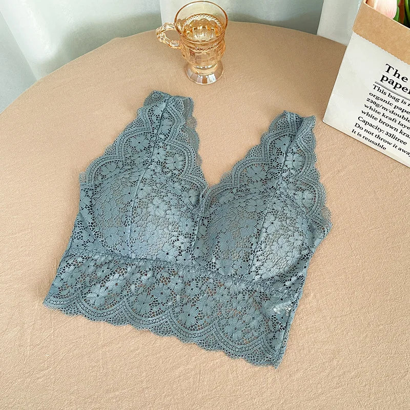 Lace Bras Top Women Deep V Neck Sexy Lingerie Wire Free Bra Tank Tops Female Underwear V Back Bralette Padded Camisole