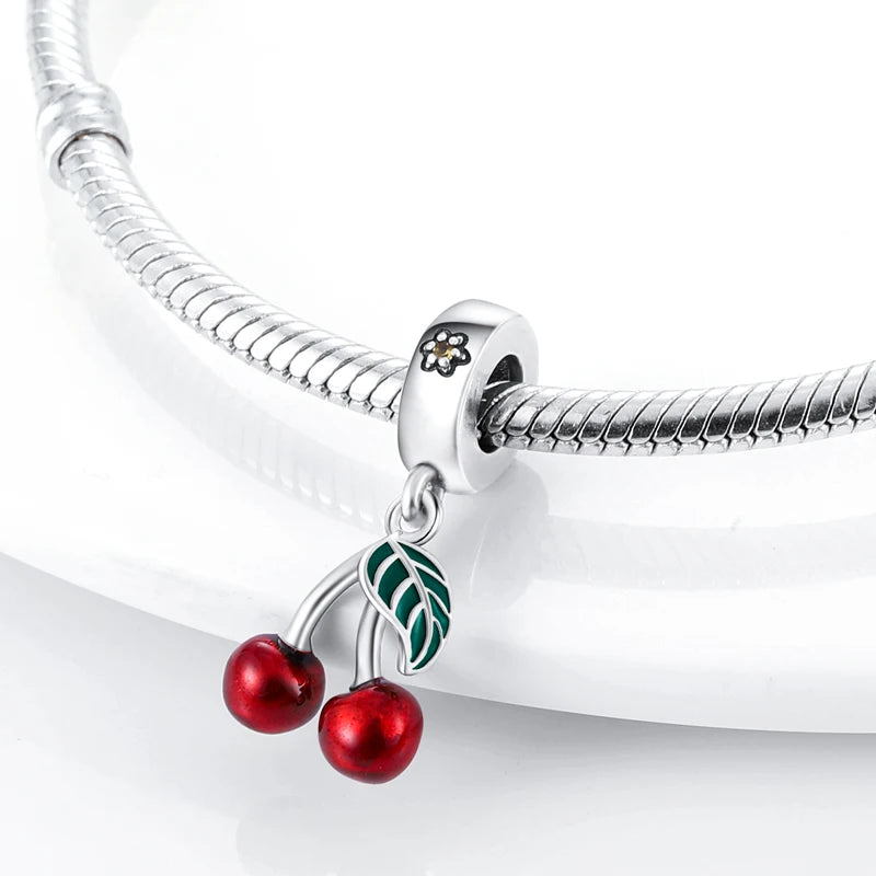 Summery Red Enamel Fruit Cherry Charm Bead Fits Bracelet Necklace Keychain Women 925 Silver Pendant Beads DIY Jewelry Fine Gift