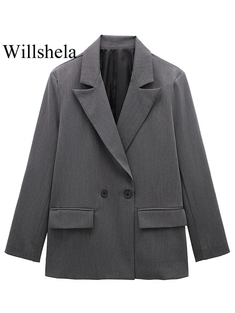 Willshela Women Fashion With Pockets Solid Double Breasted Blazer Vintage Long Sleeves Notched Neck Female Office Lady Outfits