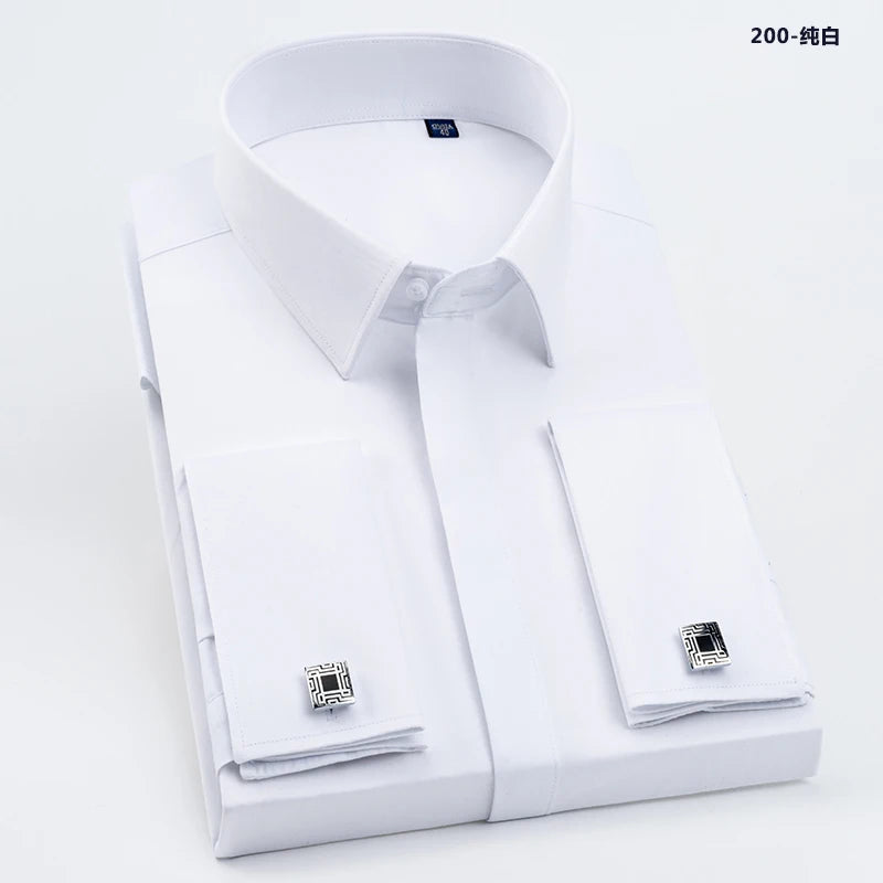 Men's French cufflink shirt with long sleeves slim fit concealed buttons solid color high-end wedding dress formal men's