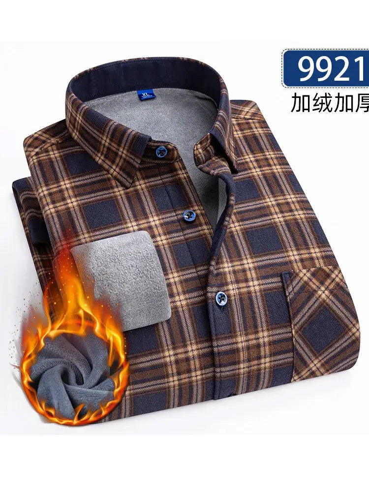 New 5XL men's shirt autumn and winter plus fleece thickened warm long sleeve non-ironing plaid business casual slim-fit fashion